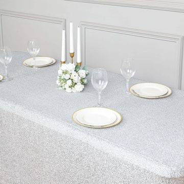 Add a Touch of Glamour with the 72"x30" Silver Metallic Shimmer Tinsel Spandex Table Cover