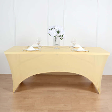 Elevate Your Event with the Champagne Rectangular Stretch Spandex Tablecloth