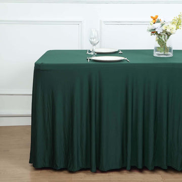 Add Elegance to Your Event with the Hunter Emerald Green Wavy Spandex Fitted Rectangle 1-Piece Tablecloth Table Skirt