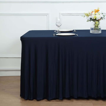 Add Elegance to Your Event with the Navy Blue Wavy Spandex Fitted Rectangle 1-Piece Tablecloth Table Skirt