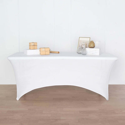 Stretch Spandex Rectangular Table Cover 72"x30" White - Curved Open Back Design, Easy to Install Snug Fit Tablecloth for Upscale Functions, Tradeshows & Exhibitions