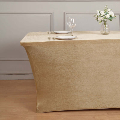 Premium Velvet Spandex Rectangle Tablecloth 6ft Champagne - Lustrous & Secure Fitted Table Cover for Banquets