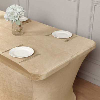 Premium Velvet Spandex Rectangle Tablecloth 6ft Champagne - Lustrous & Secure Fitted Table Cover for Banquets