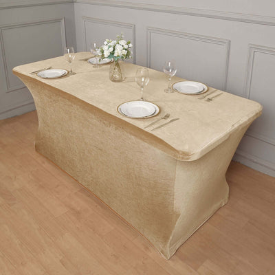 Premium Velvet Spandex Rectangle Tablecloth 6ft Champagne - Lustrous & Secure Fitted Table Cover for Banquets