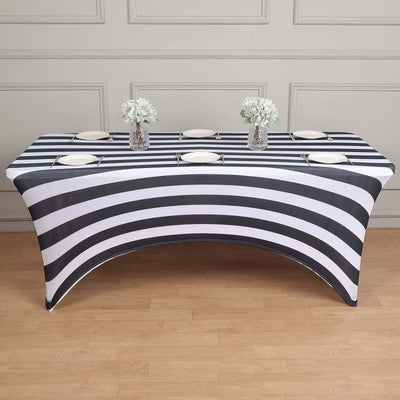Stretch Spandex Rectangle Tablecloth 8ft Black/White Vertical Stripes - Easy to Maintain Form-Fitting Table Cover for Weddings & Events