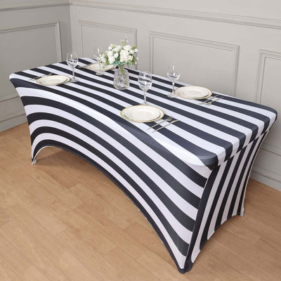Stretch Spandex Rectangle Tablecloth 8ft Black/White Vertical Stripes - Easy to Maintain Form-Fitting Table Cover for Weddings & Events