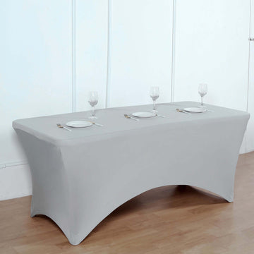 Elegant Silver Rectangular Stretch Spandex Tablecloth 8ft