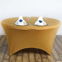 Gold Stretch Spandex Fitted Round Tablecloth 60 in for 5 Foot Tables