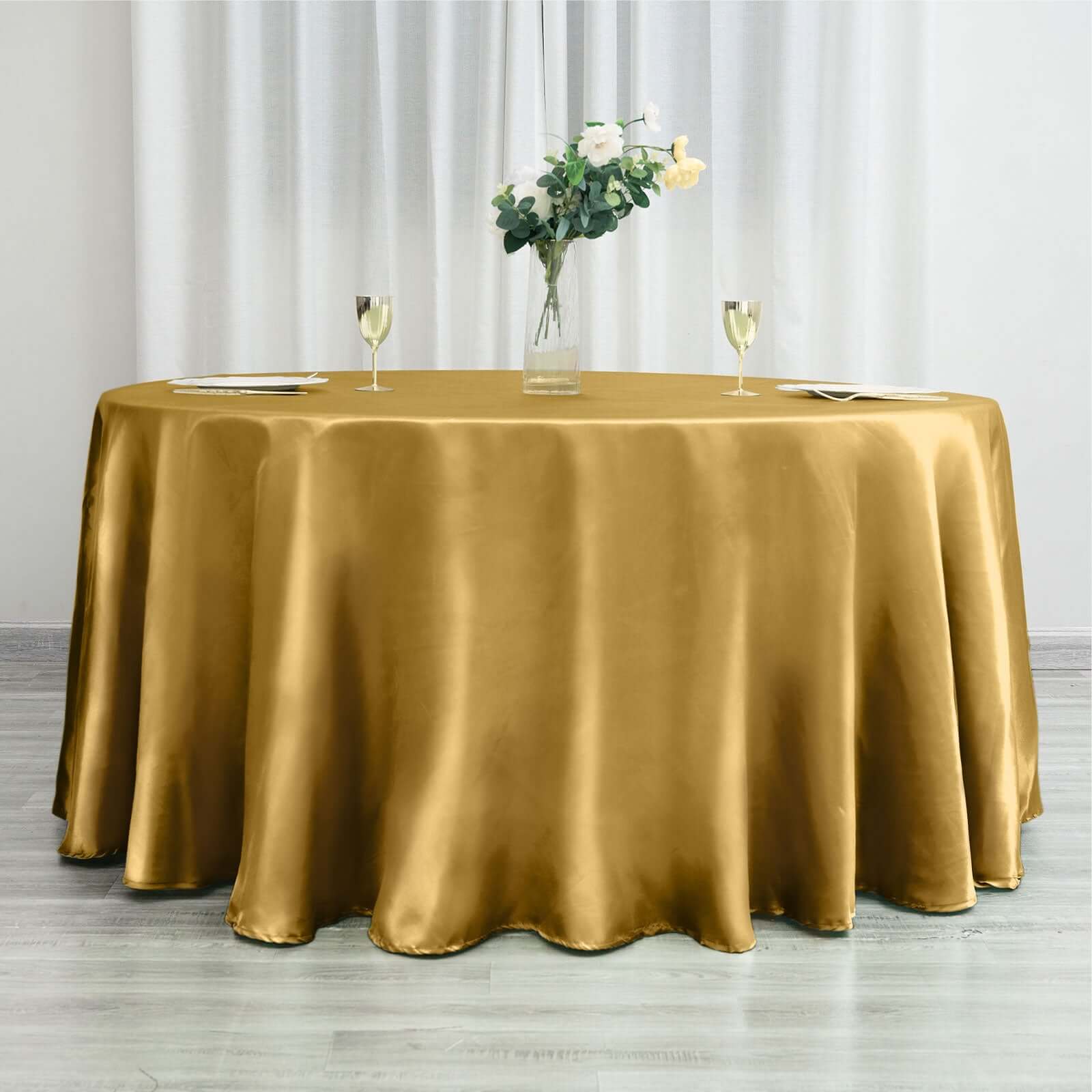 120 In Gold Satin Round Tablecloth | eFavormart.com