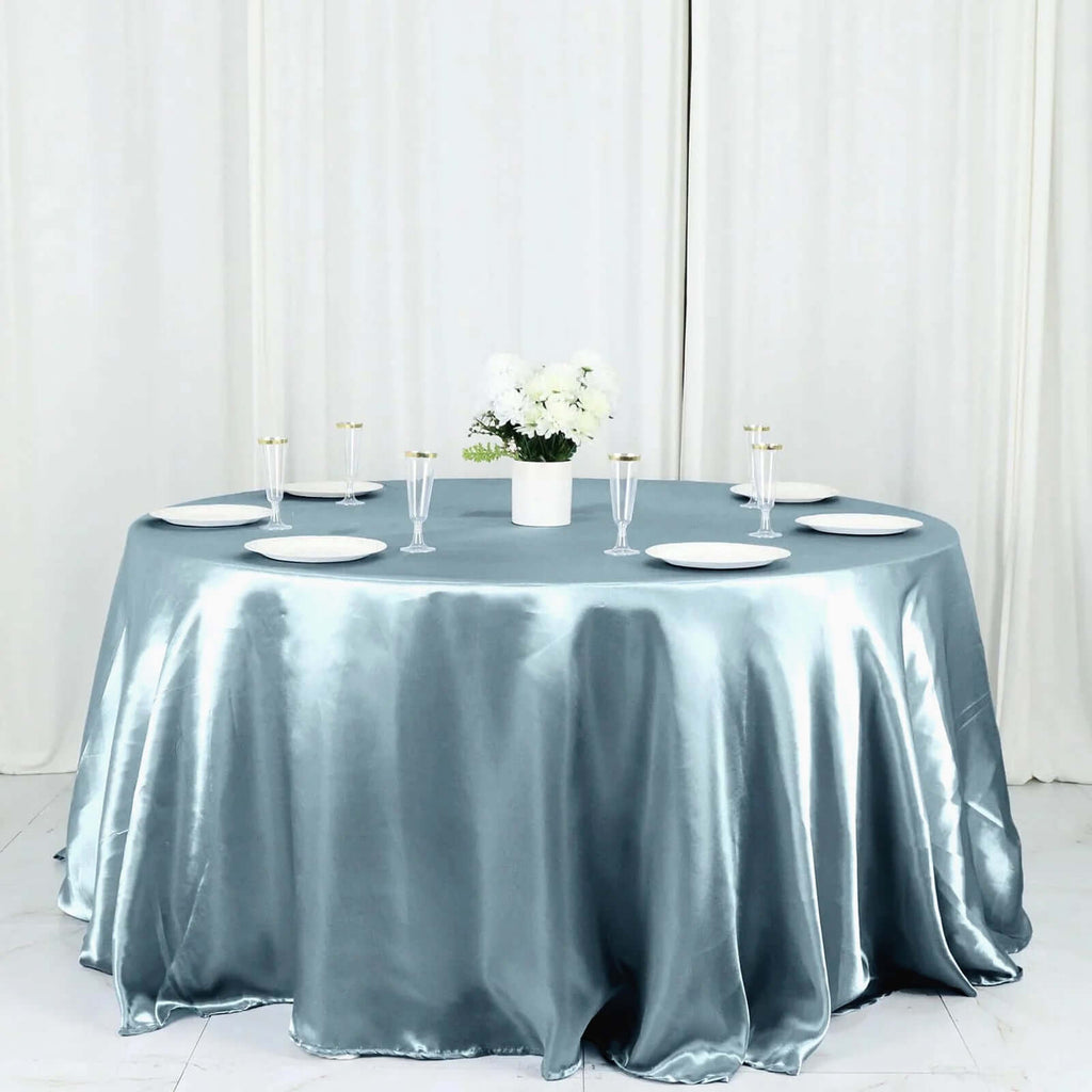 Dusty Blue 132 In Round Satin Tablecloth | eFavormart.com