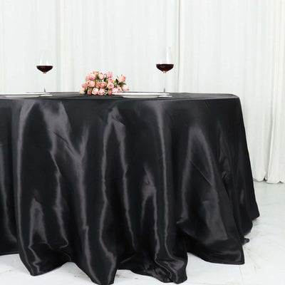 Satin Round Tablecloth 132" Black - Classy Seamless Table Cover for Weddings & Events