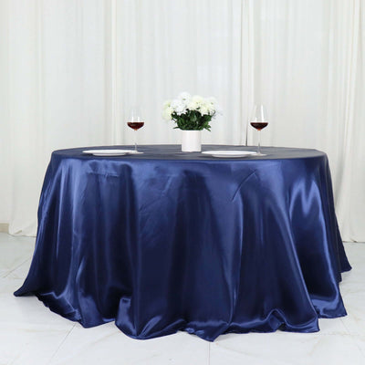Satin Round Tablecloth 132" Navy Blue - Seamless Table Cover
