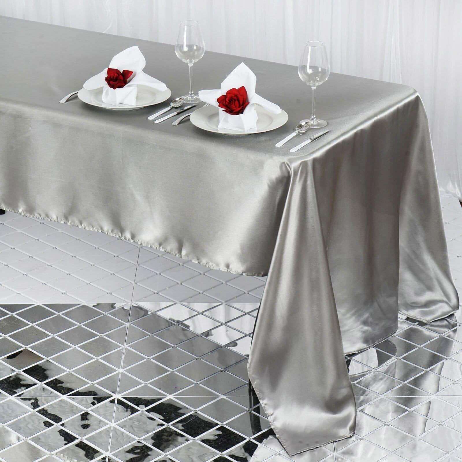 60x126 Silver Satin Rectangular Tablecloth | EFavormart.com