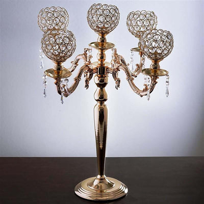 5-Arm Crystal Beaded Globe Candelabra 25" Gold - Metal Candle Holder for Stylish Pillar Table Centerpiece Decor