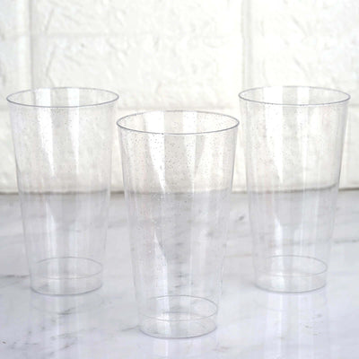 12-Pack Plastic Party Cups 17oz Silver Glitter - Disposable Drinking Tumblers 6"