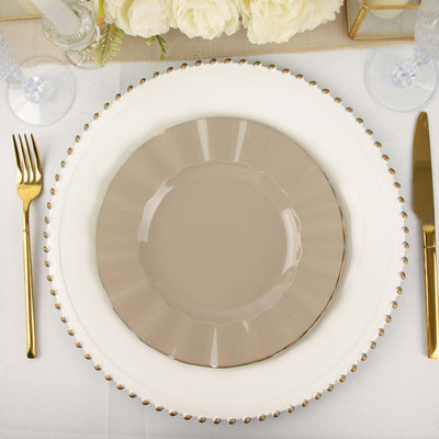 10-Pack Plastic Round Dinner Plates 9" Taupe Ruffled Rim with Gold Edging - Heavy Duty Disposable Dinnerware