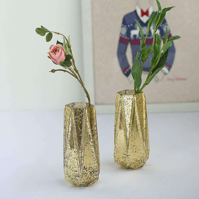 2-Pack Mercury Glass Vases Geometric Design 8" Gold - Decorative Flower Centerpieces for Weddings