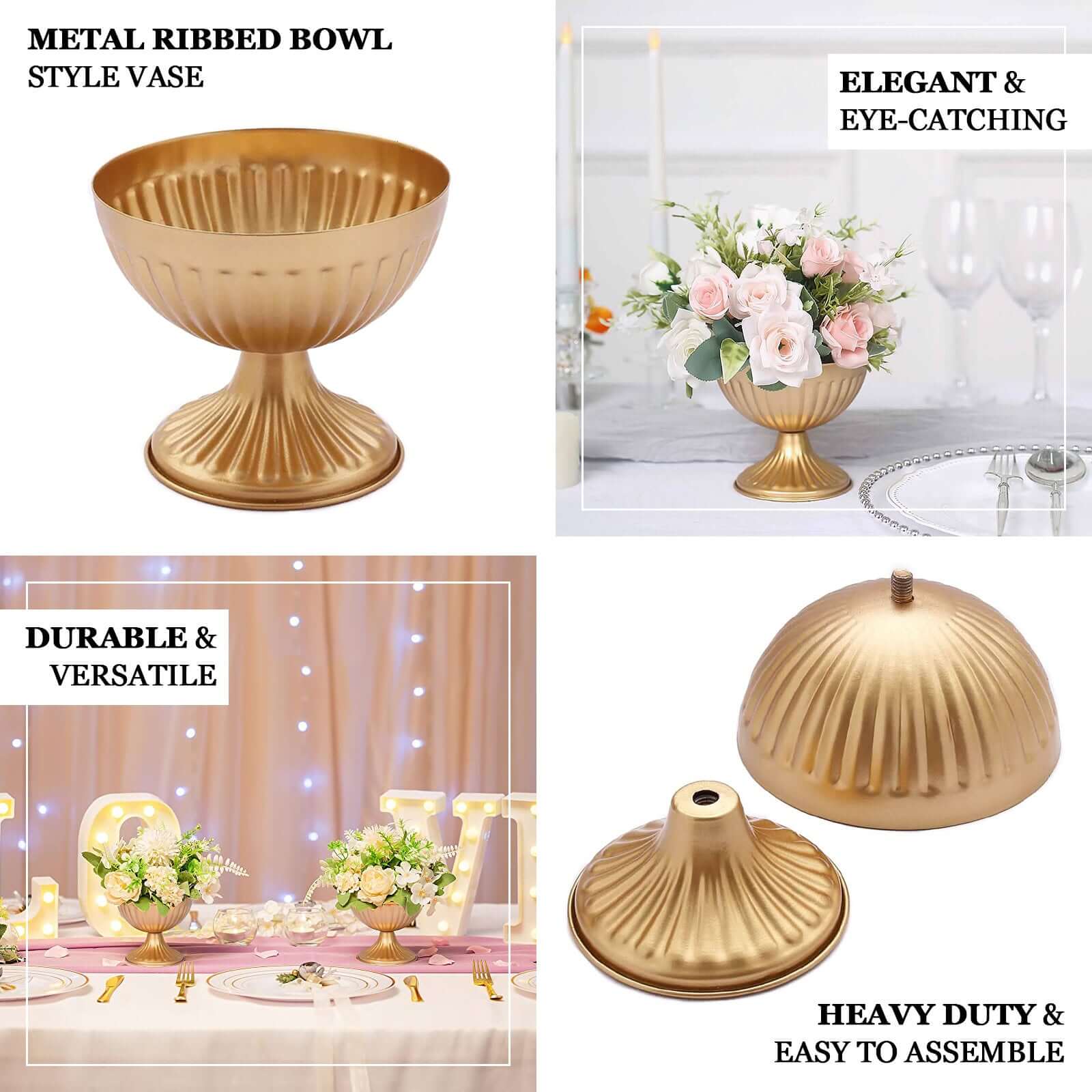 2-Pack Gold Metal Ribbed Bowl Vase | EFavormart.com