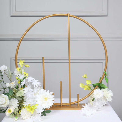 Metal Floral Hoop Wedding Table Centerpiece Round 24" Gold with Pillars - Self-Standing Balloon Arch Frame