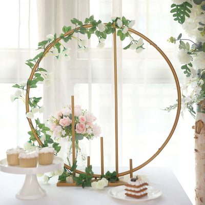 Metal Floral Hoop Wedding Table Centerpiece Round 24" Gold with Pillars - Self-Standing Balloon Arch Frame