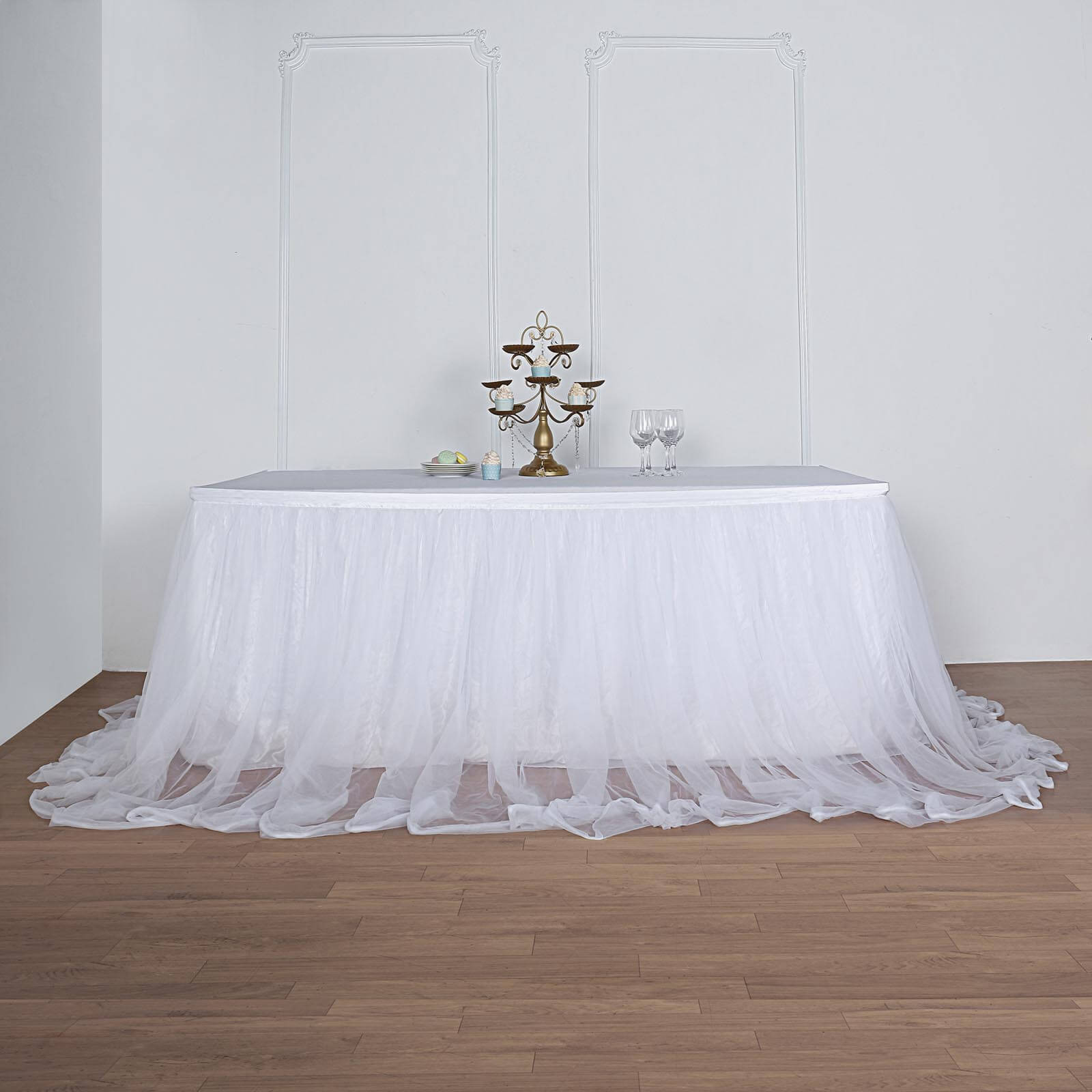 14ft White Two Layered Tulle and Satin Table Skirt eFavormart