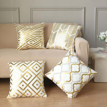 White 18 Inch Velvet Pillow Covers With Gold Foil Geometric Print