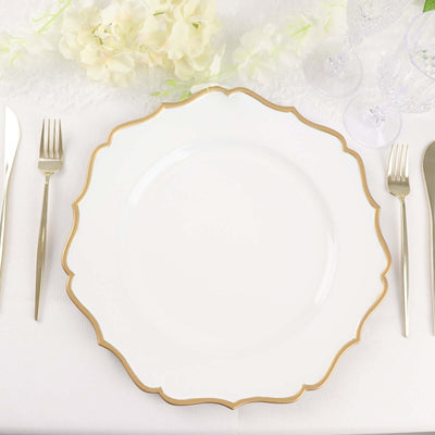 6-Pack Acrylic Charger Plates 13" Round White with Gold Scalloped Rim - Decorative Dinner Party Plastic Charger Tableware
