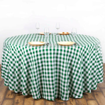 White/Green Seamless Buffalo Plaid Round Tablecloth, Checkered Gingham Polyester Tablecloth 108"