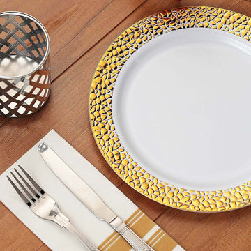 White Hammered Design Plastic Dinner Plates with Gold Rim - Elegant and Durable