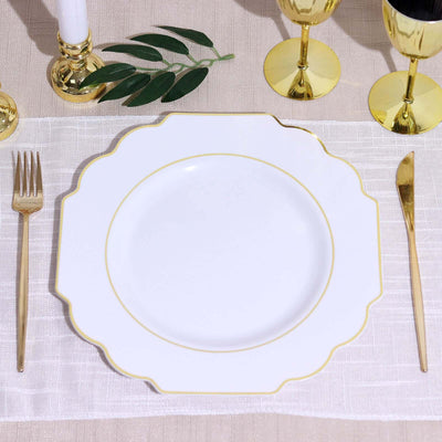 10 Pack White Hard Plastic Dinner Plates, Disposable Tableware, Baroque Heavy Duty Plates with Gold Rim 11"