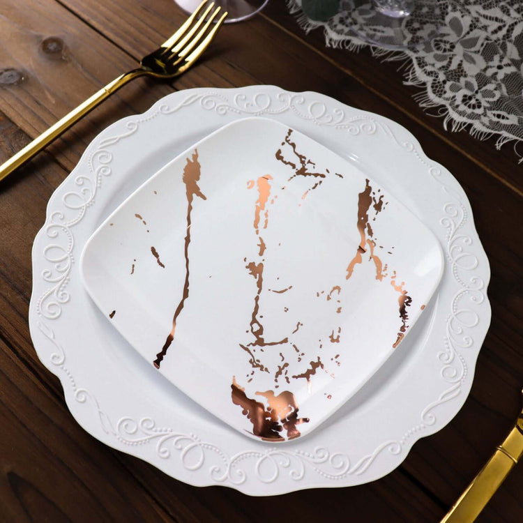 Pack of 10 Disposable White & Rose Gold Marble Square Plastic Party Plates 6 Inch