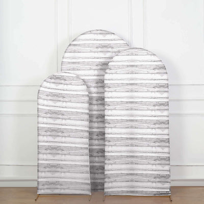 Set of 3 White Rustic Wood Plank Pattern Spandex Fitted Wedding Arch Covers For Round Top Chiara Backdrop Stands 5ft, 6ft, 7ft