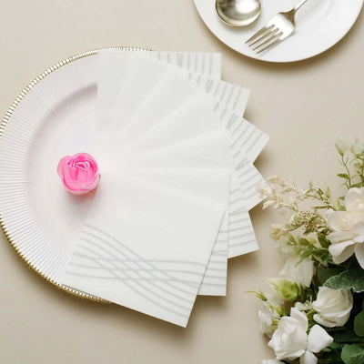 20 Pack Linen-Like Paper Napkins 5"x5" White - Silver Foil Wave Airlaid Party Napkins